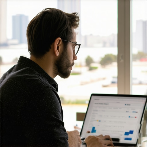 Person reviewing local SEO analytics with Long Beach cityscape in background