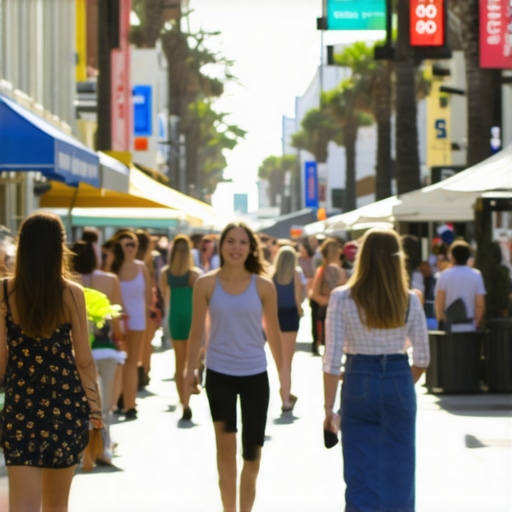 Colorful street scene with local shops and diverse people in Long Beach