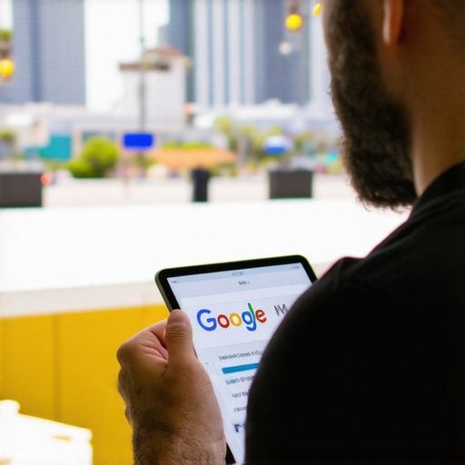 Data-Driven GMB Optimization in Long Beach Business owner reviewing GMB analytics on tablet in Long Beach