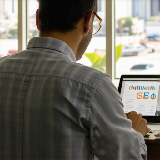 Deep Dive into Long Beach Local SEO Analytics Expert analyzing local SEO data for Long Beach on a laptop with city skyline in background.