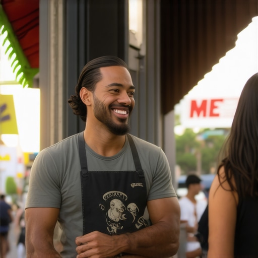 Engaged Long Beach Business Business owner interacting with customers on a busy Long Beach street