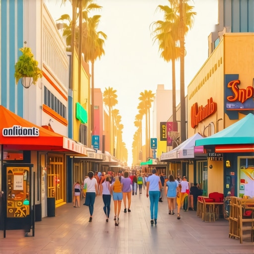 Colorful street view of Long Beach with shops and community gathering