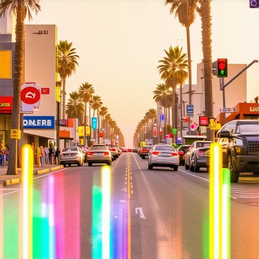 A futuristic depiction of Long Beach streets with digital SEO overlays