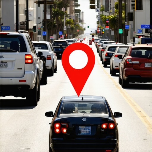 Google Maps pin over a busy Long Beach street scene