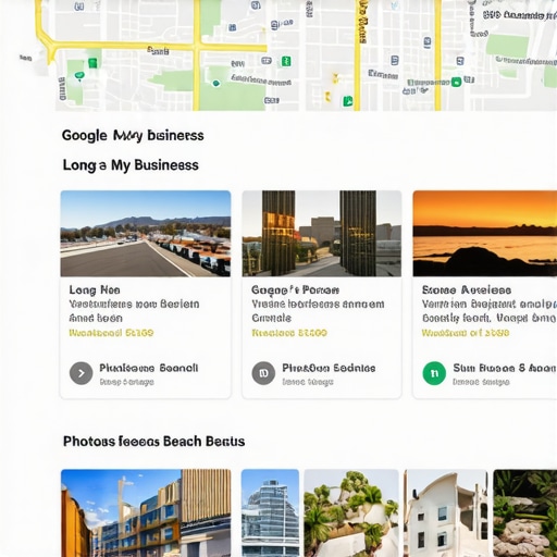 Screenshot of a Long Beach business's Google My Business profile with reviews, photos, and insights.
