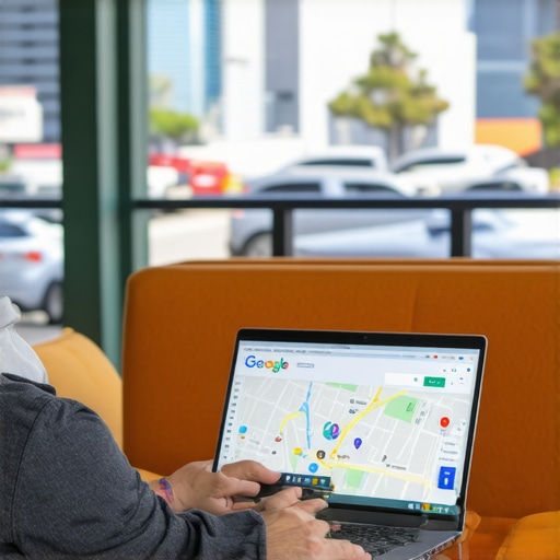 Business owner updating Google My Business profile on a laptop with Google Maps open, in a vibrant Long Beach setting