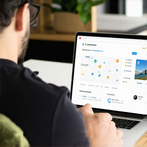 Business owner optimizing Google My Business profile on laptop with maps and analytics
