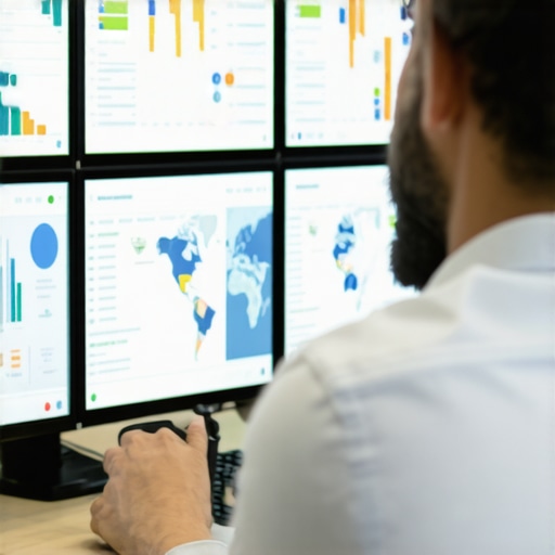 Digital marketer reviewing SEO analytics on multiple screens showing maps and charts.