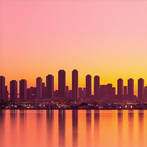 Sunset view of Long Beach skyline with skyscrapers and harbor