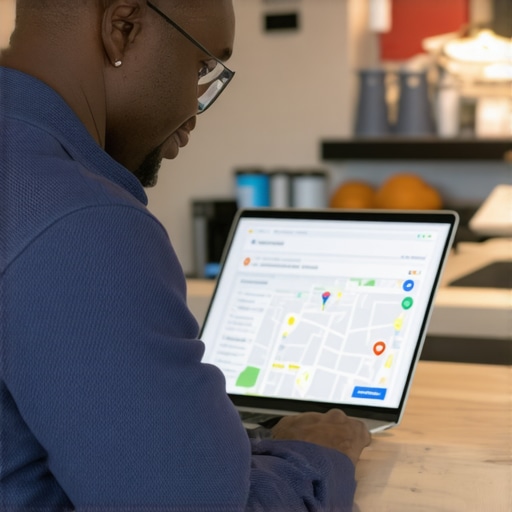 Business owner responding to customer reviews on Google Maps from a laptop in a Long Beach shop.