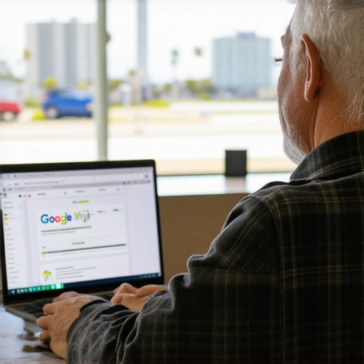 Business owner editing Google Maps listing with Long Beach scenery in background.