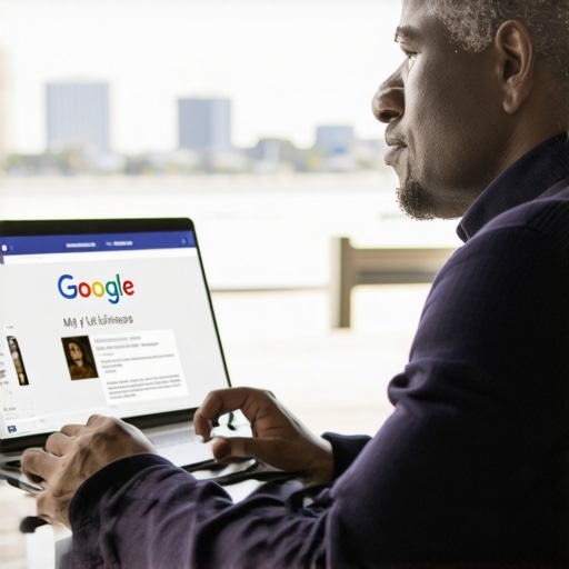 Business owner updating Google My Business profile with Long Beach landmarks in background.