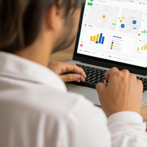Analyzing Local SEO Data for Maps Optimization Person reviewing SEO metrics on a laptop with local map analytics.