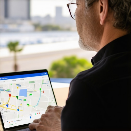 Business owner reviewing Google Maps performance data with Long Beach skyline