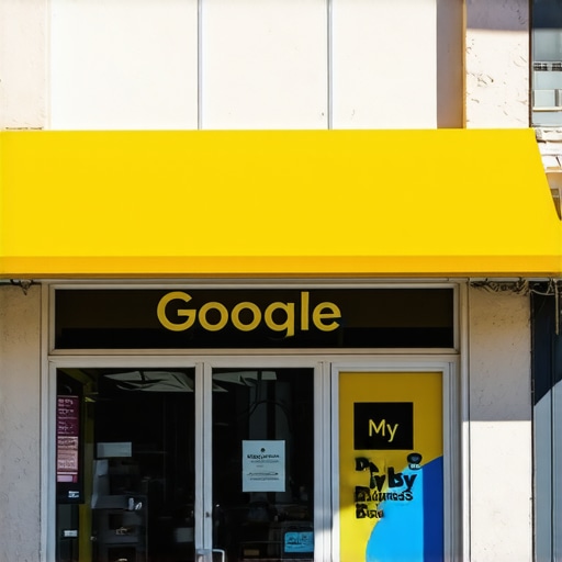 A vibrant Long Beach street with a business storefront displaying a Google My Business sign, sunny sky