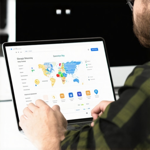 Business owner working on Google My Business profile on laptop with maps and SEO icons