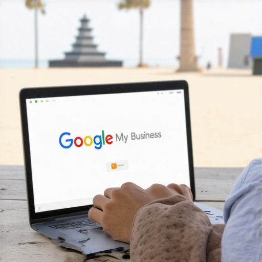 A person editing a Google My Business profile on a laptop with Long Beach landmarks.