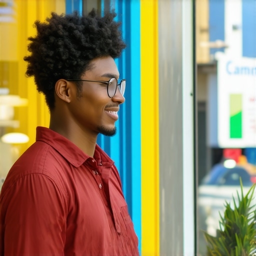 Long Beach business owner updating Google My Business profile with cityscape background