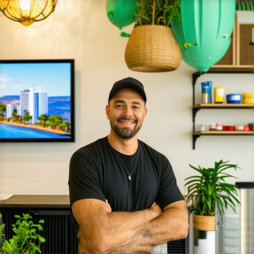 Business owner editing Google My Business profile with Long Beach landmarks in the background.
