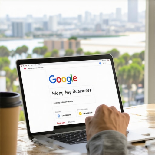 A person working on a laptop with Google My Business dashboard overlay and Long Beach city view.