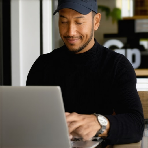 Optimizing Your GMB Profile in Long Beach Business owner editing Google My Business listing on laptop outside a Long Beach shop.