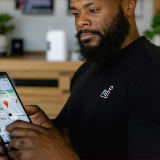 Optimizing Your Long Beach GMB Profile Long Beach local business owner updating Google My Business profile with maps and camera icons.