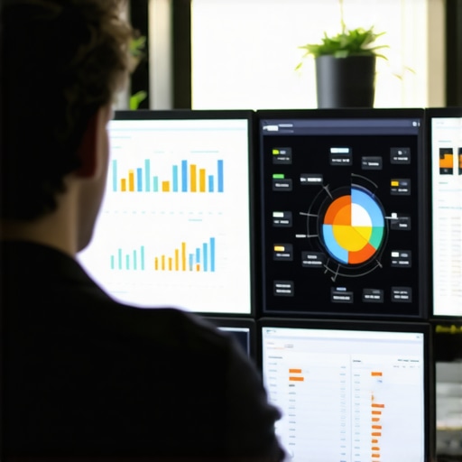 Person reviewing SEO analytics on dual monitors indicating ongoing local search optimization