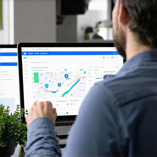 Business owner analyzing local SEO performance on a computer with maps and graphs in a Long Beach office.