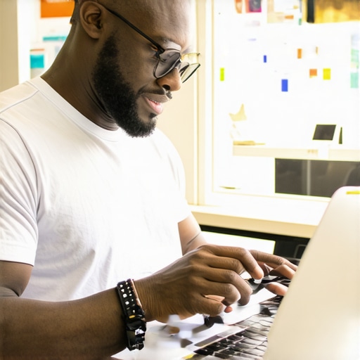Business owner updating Google My Business listing with digital devices in a seaside shop.