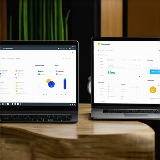 A professional workspace showing SEO dashboards, citation tools, and a laptop with Google My Business insights open.