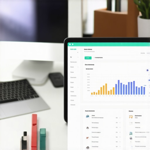 Workspace with SEO analytics tools and a laptop displaying local search results.