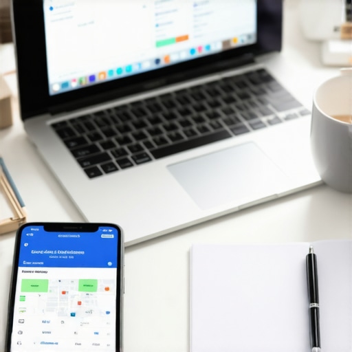 A workspace showing laptop displaying local SEO analytics and Google Maps data, illustrating ongoing optimization efforts.