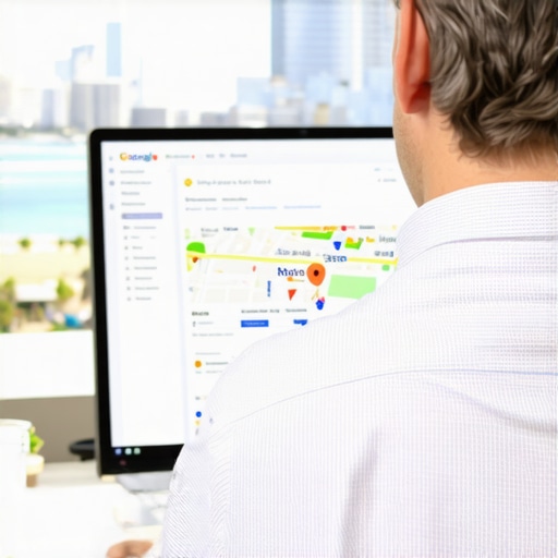 Business owner analyzing Google Maps rankings with cityscape backdrop.
