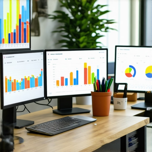 A computer monitor showing SEO analytics for Long Beach local businesses with graphs and maps
