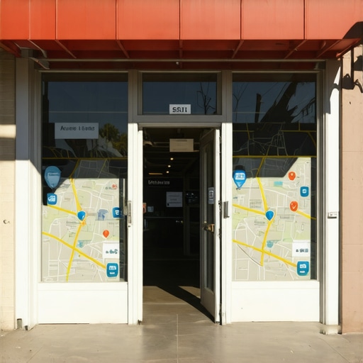 Map of Long Beach with SEO strategy icons and storefronts