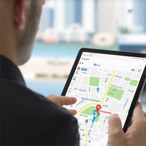 Business owner reviewing local Google Maps ranking data on tablet with Long Beach skyline